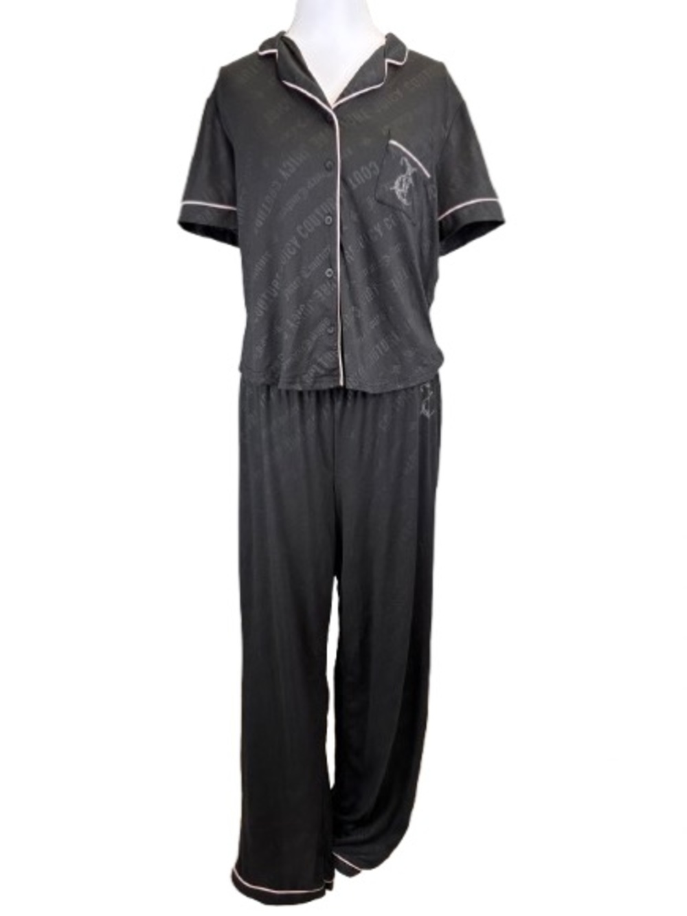 Juicy Couture Black Logo Pink Trim Pajama Set Rhinestone Accents Pocket Size M